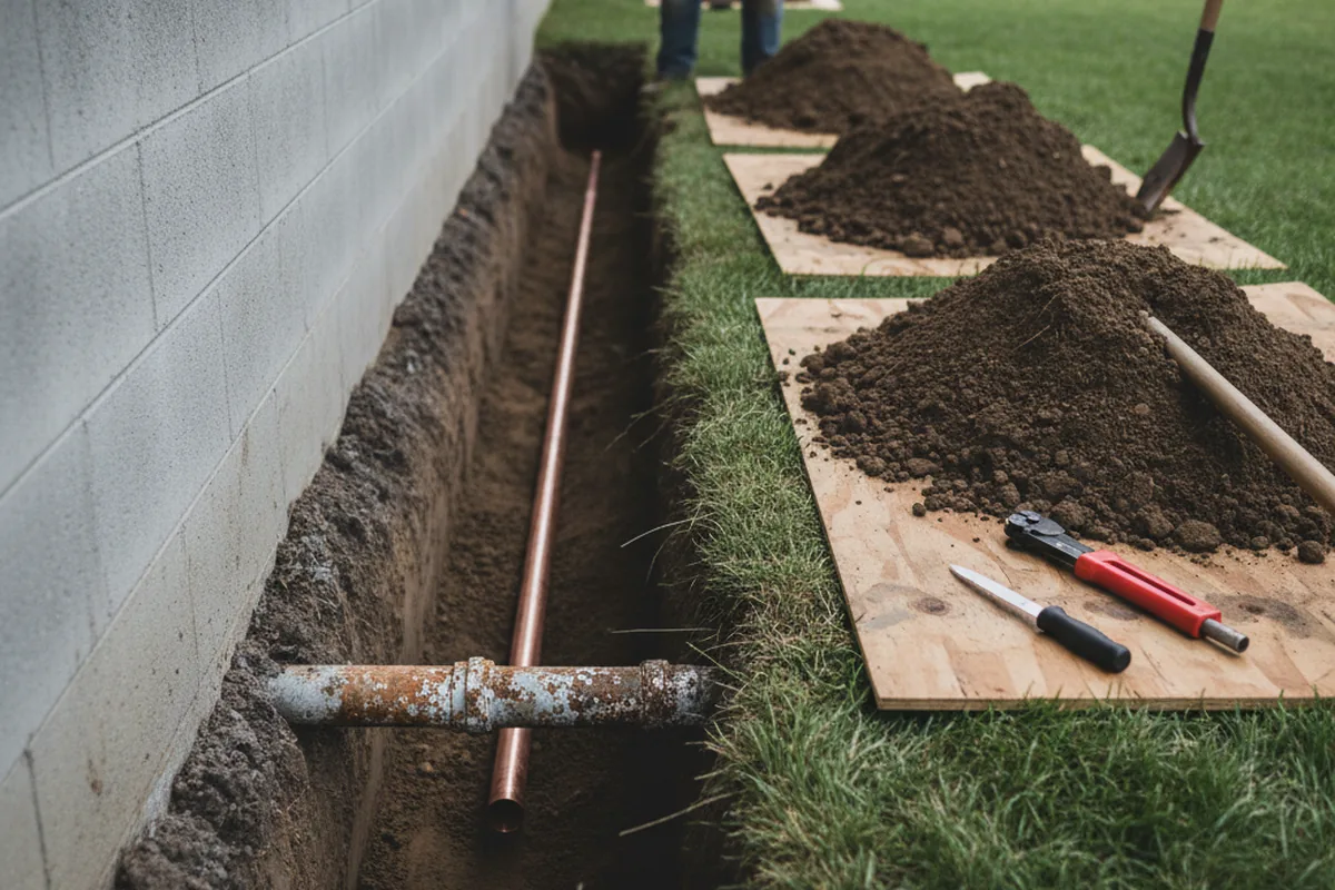 Excavated water line trench during Sewer Line Repair in Bluffton